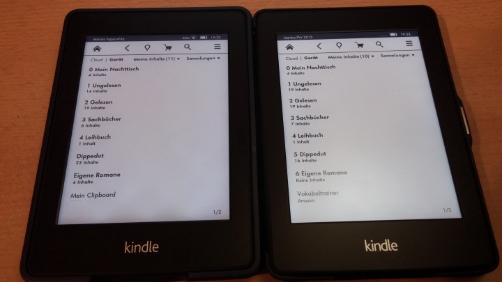 Links im Bild der Kindle Paperwhite 2012, rechts im Bild der neue Paperwhite. Mehr Weiß, mehr Schwarz, bessere Ausleuchtung, schärferes Schriftbild, schnellere Reaktion.