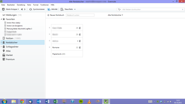 Benutzeroberfläche von Evernote 5 für Windows.