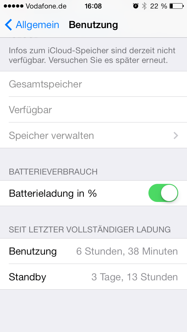 iPhone 5S - 3 Tage und 13 Stunden ohne externem Saft, davon über 6 1/2 Stunden genutzt und noch 22% Restladung - need I say more?