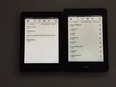 Beim Displayvergleich schneidet der Voyage (links) deutlich besser ab. Der Weißwert bei gleicher Beleuchtungsstufe ist wesentlich ausgeprägter, die Beleuchtung gleichmäßiger.