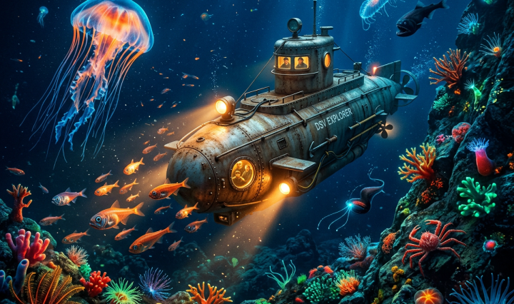 DSV Explorer submersible underwater near vibrant coral reef with jellyfish and fish
