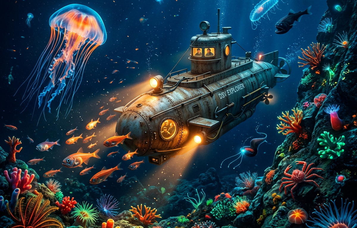 DSV Explorer submersible underwater near vibrant coral reef with jellyfish and fish